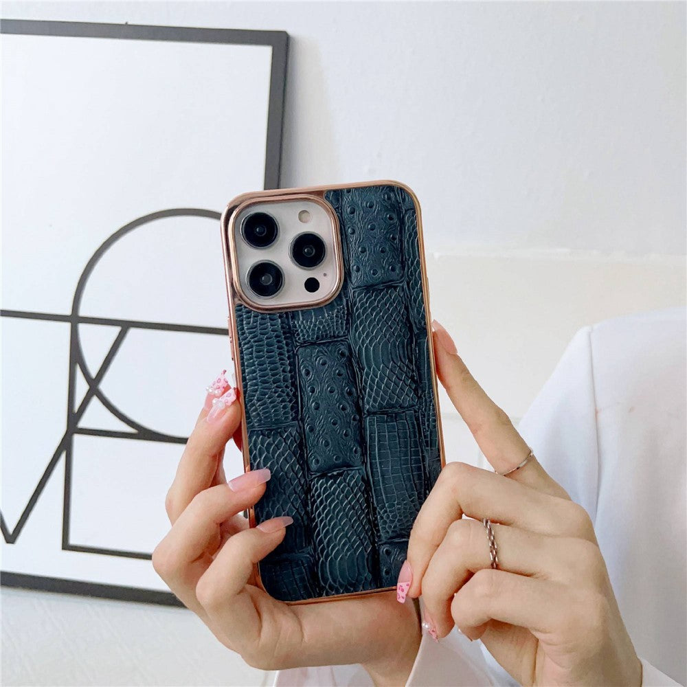 For iPhone 14 Pro Max Anti-dust Nano Electroplating Mahjong Texture Cell Phone Back Cover Genuine Cowhide Leather+PC+TPU Phone Case