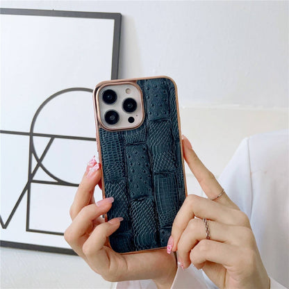 For iPhone 14 Pro Max Anti-dust Nano Electroplating Mahjong Texture Cell Phone Back Cover Genuine Cowhide Leather+PC+TPU Phone Case