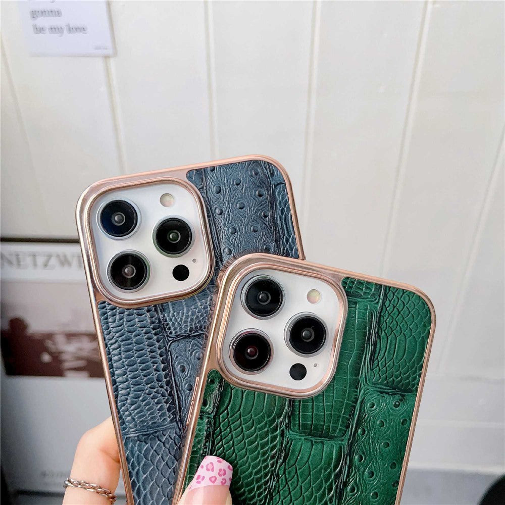 For iPhone 14 Pro Max Anti-dust Nano Electroplating Mahjong Texture Cell Phone Back Cover Genuine Cowhide Leather+PC+TPU Phone Case