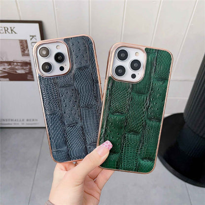 For iPhone 14 Pro Max Anti-dust Nano Electroplating Mahjong Texture Cell Phone Back Cover Genuine Cowhide Leather+PC+TPU Phone Case