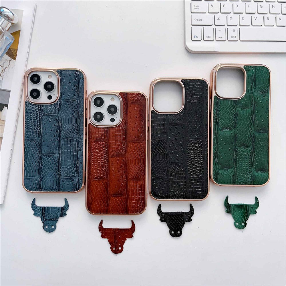 For iPhone 14 Pro Max Anti-dust Nano Electroplating Mahjong Texture Cell Phone Back Cover Genuine Cowhide Leather+PC+TPU Phone Case