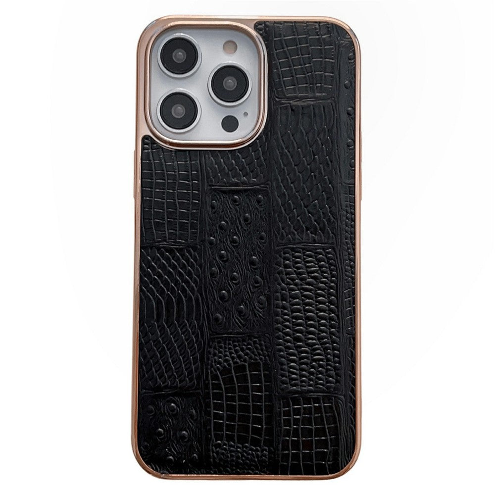 For iPhone 14 Pro Max Anti-dust Nano Electroplating Mahjong Texture Cell Phone Back Cover Genuine Cowhide Leather+PC+TPU Phone Case