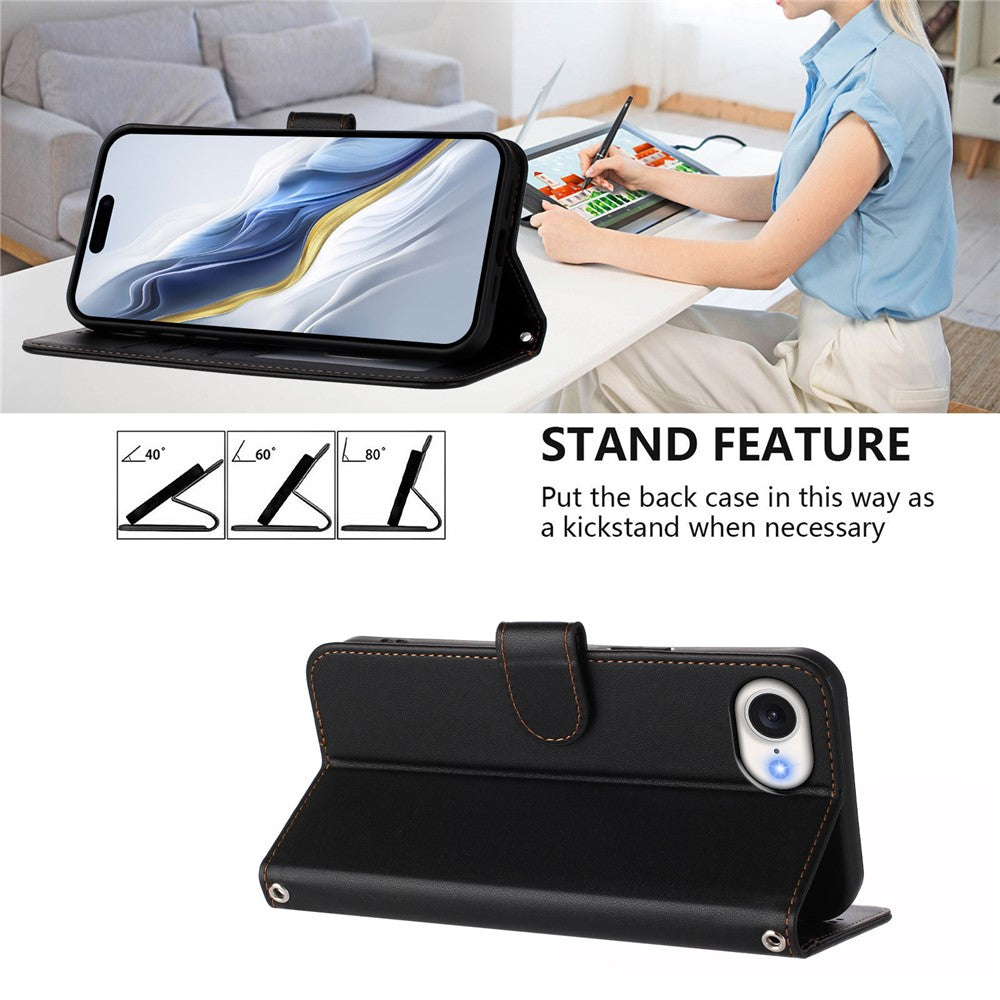 For iPhone 17e / 16e Leather Case Wallet Stand Phone Cover with Wrist Strap