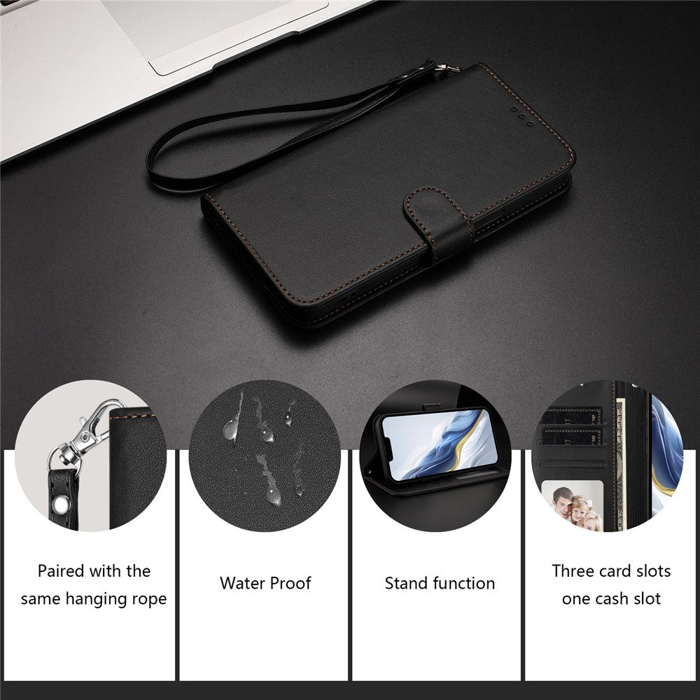 For iPhone 17e / 16e Leather Case Wallet Stand Phone Cover with Wrist Strap