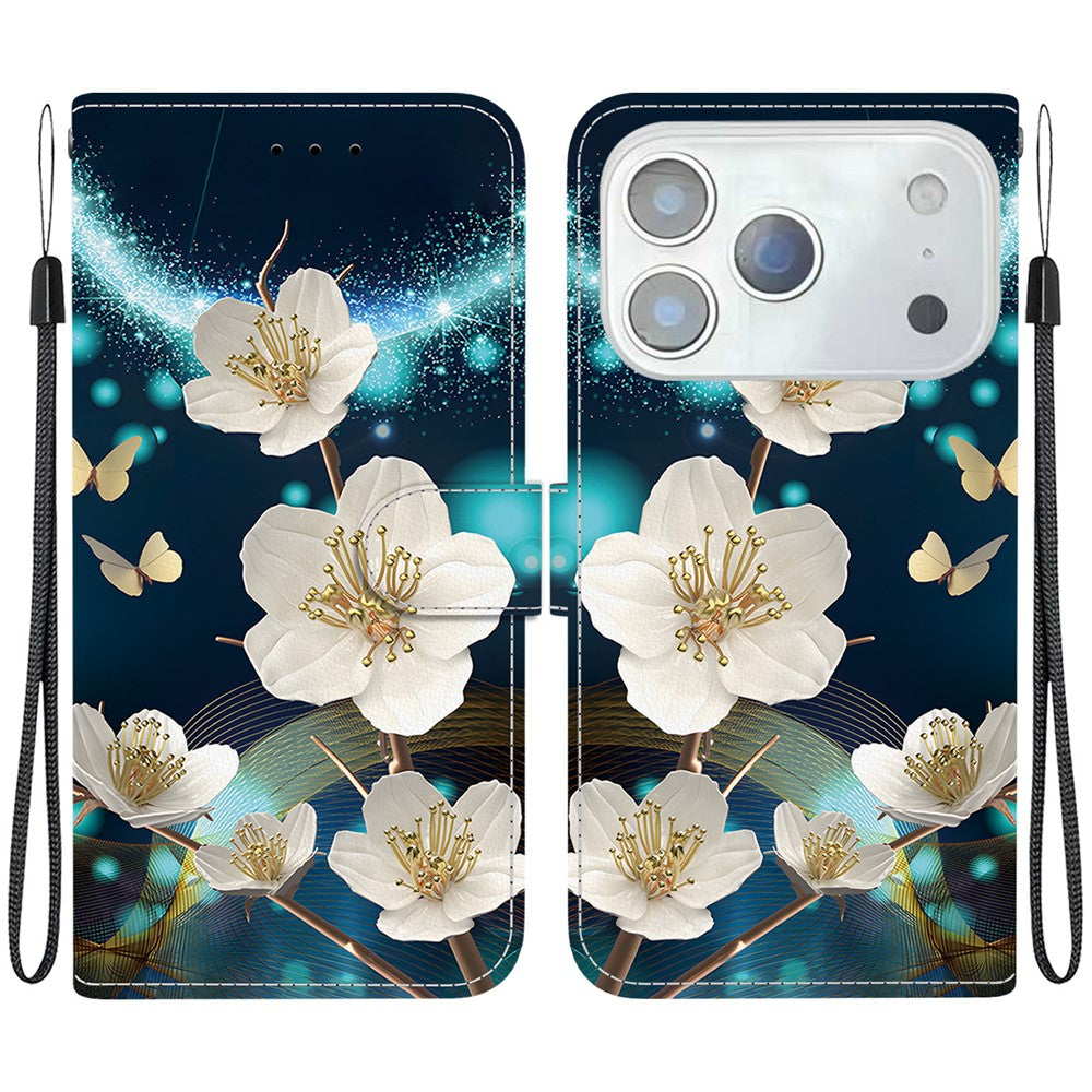 For iPhone 17 Pro Max Case Pattern Printing Anti-Drop Leather Flip Wallet Phone Cover with Lanyard