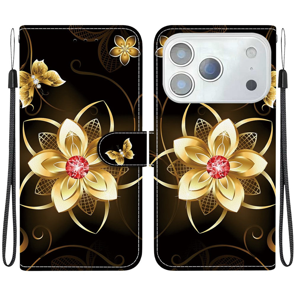 For iPhone 17 Pro Max Case Pattern Printing Anti-Drop Leather Flip Wallet Phone Cover with Lanyard