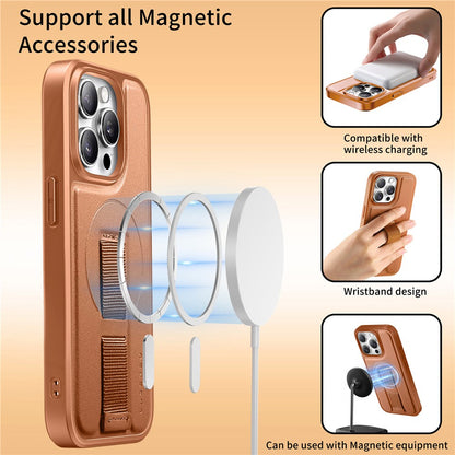 CASENEO For iPhone 15 Pro Magnetic Case  Wristband PU Leather + PC Shockproof Phone Cover