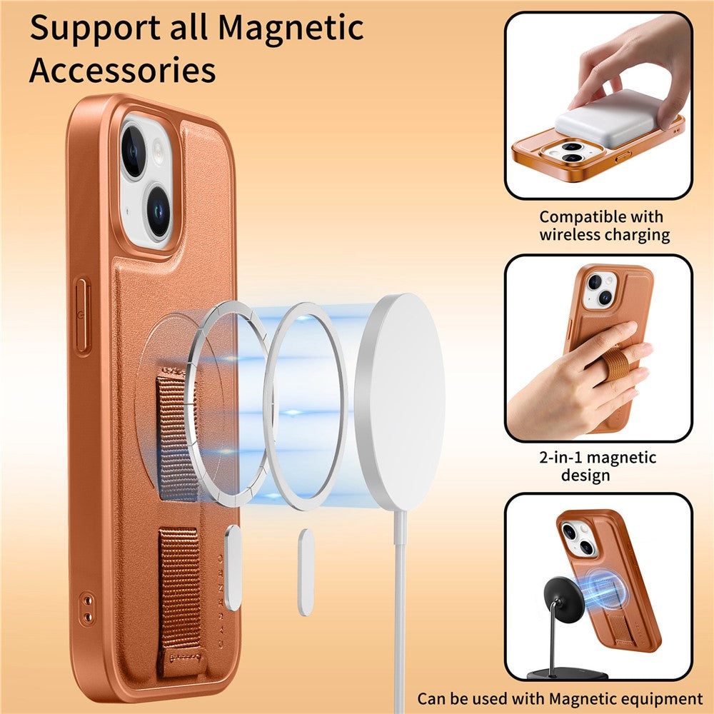 CASENEO For iPhone 15 Magnetic Case  Wristband PU Leather + PC Shockproof Phone Cover