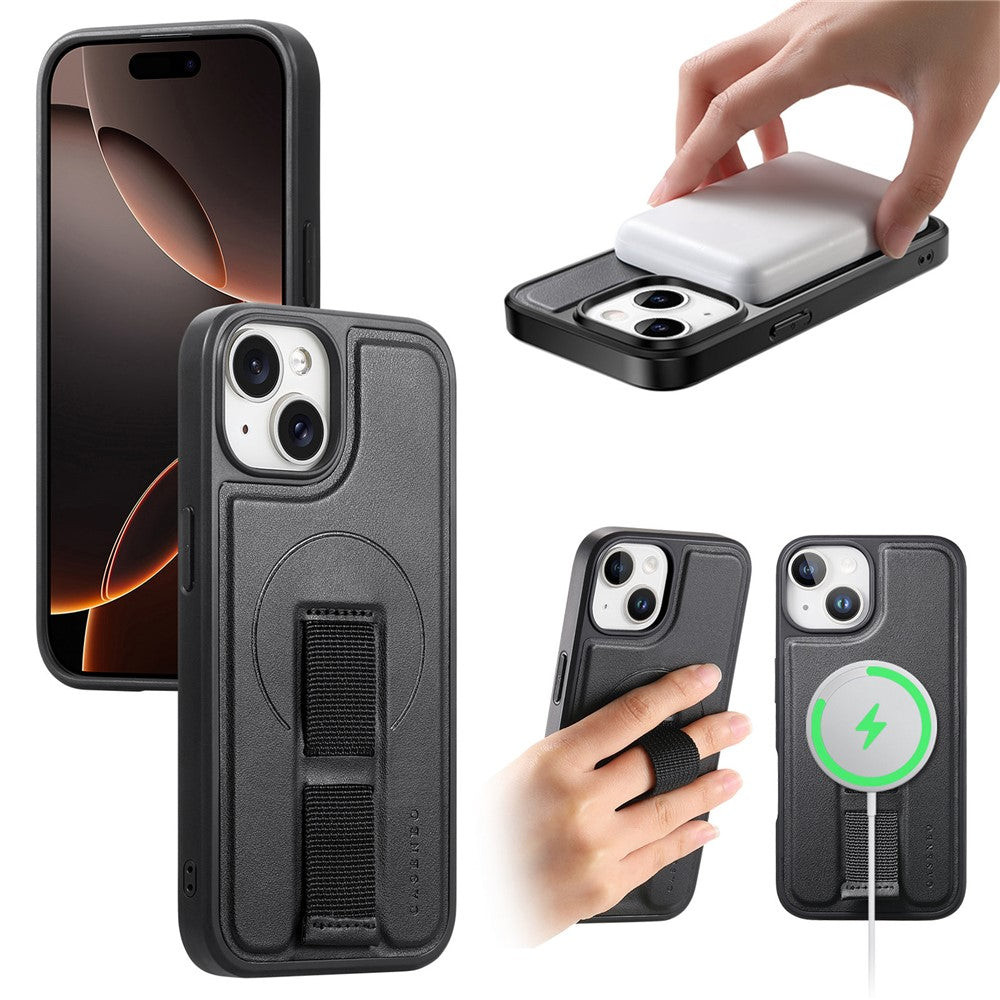 CASENEO For iPhone 15 Magnetic Case  Wristband PU Leather + PC Shockproof Phone Cover