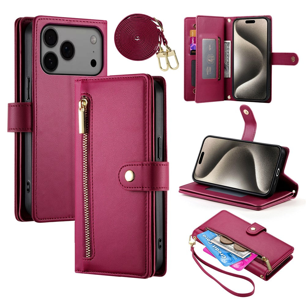 For iPhone 17 Pro Max Case Zipper Pocket Wallet Leather Phone Cover with Straps