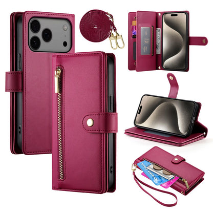 For iPhone 17 Pro Max Case Zipper Pocket Wallet Leather Phone Cover with Straps