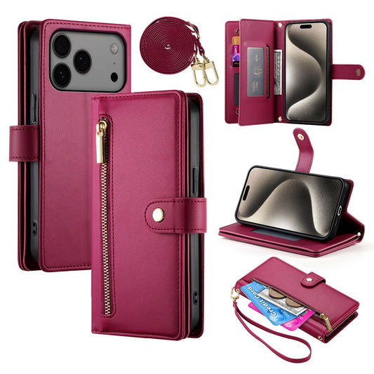 For iPhone 17 Pro Max Case Zipper Pocket Wallet Leather Phone Cover with Straps