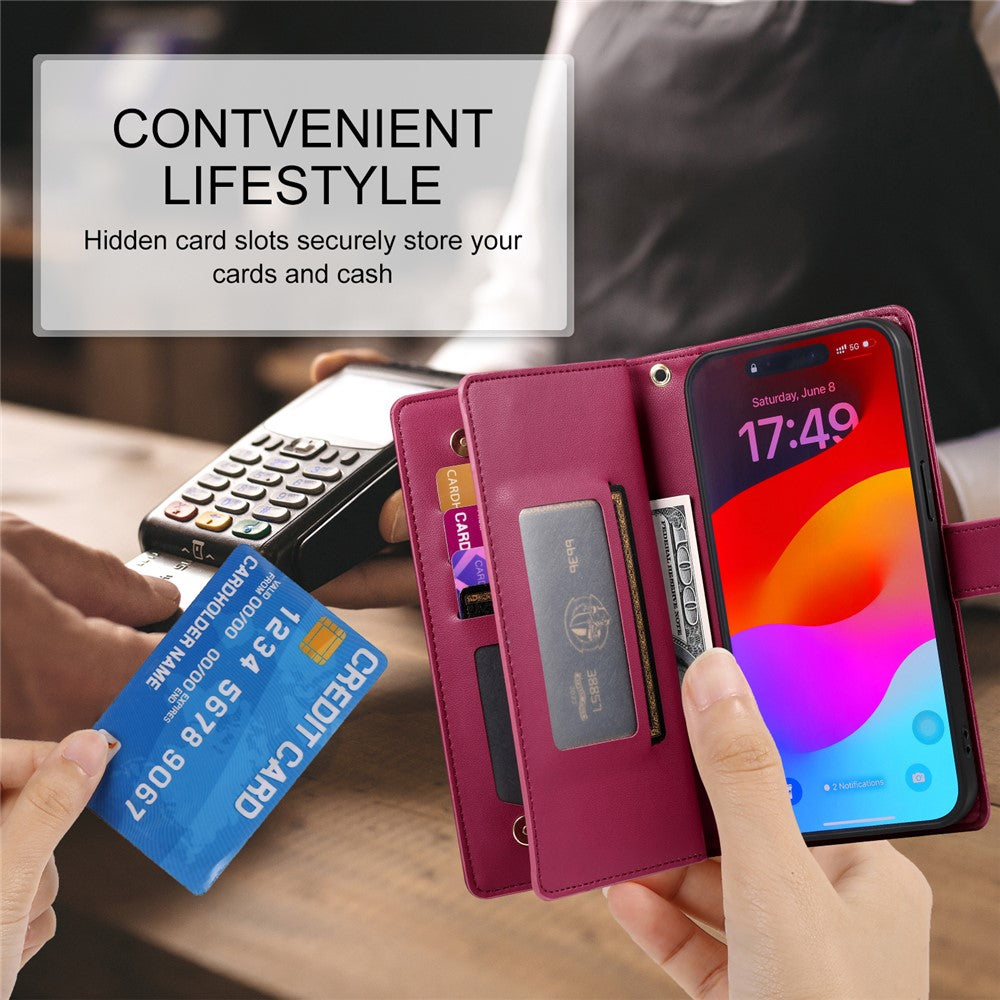 For iPhone 17 Pro Max Case Zipper Pocket Wallet Leather Phone Cover with Straps