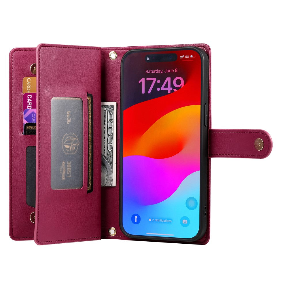 For iPhone 17 Pro Max Case Zipper Pocket Wallet Leather Phone Cover with Straps