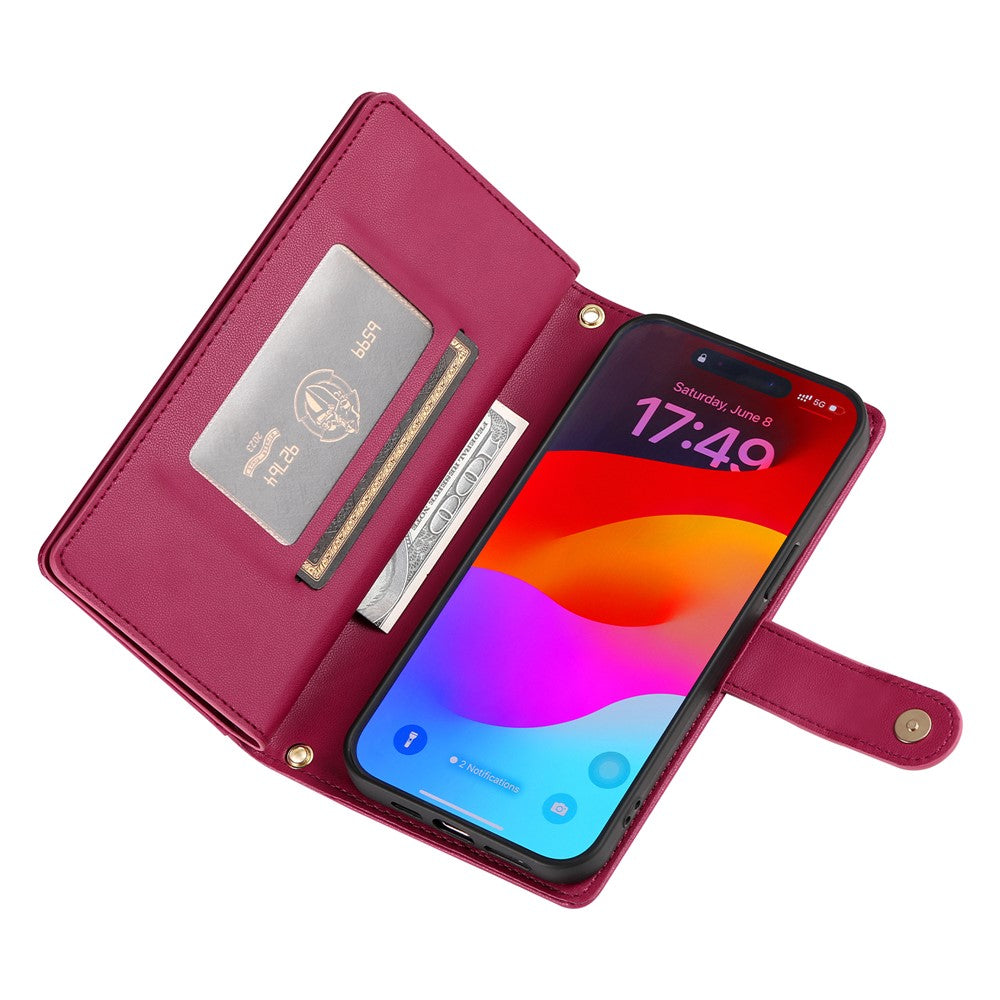 For iPhone 17 Pro Max Case Zipper Pocket Wallet Leather Phone Cover with Straps