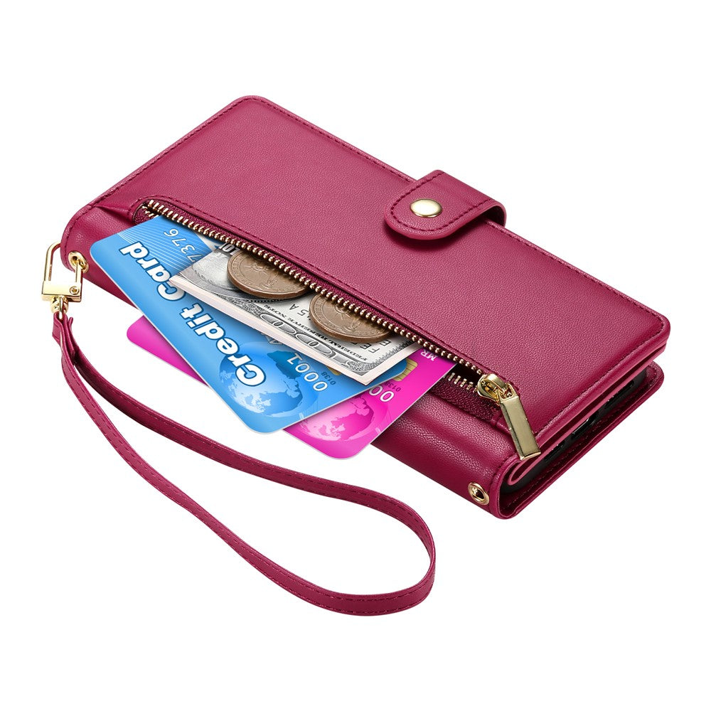 For iPhone 17 Pro Max Case Zipper Pocket Wallet Leather Phone Cover with Straps