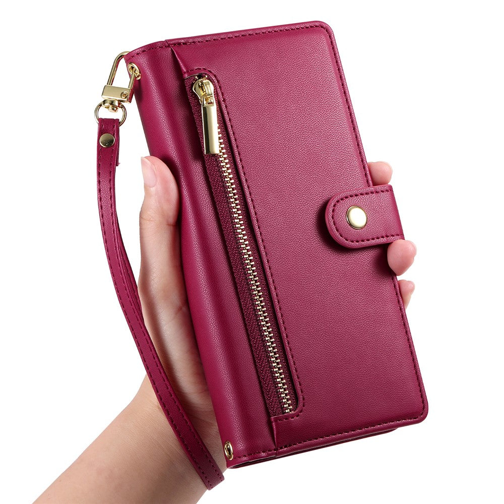 For iPhone 17 Pro Max Case Zipper Pocket Wallet Leather Phone Cover with Straps