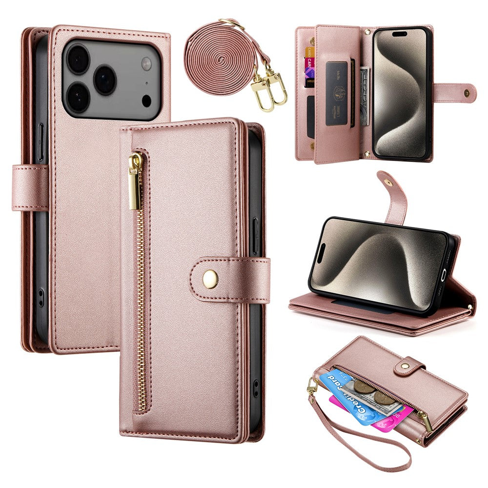 For iPhone 17 Pro Max Case Zipper Pocket Wallet Leather Phone Cover with Straps