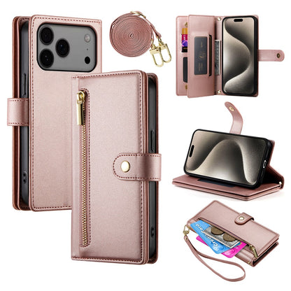 For iPhone 17 Pro Max Case Zipper Pocket Wallet Leather Phone Cover with Straps