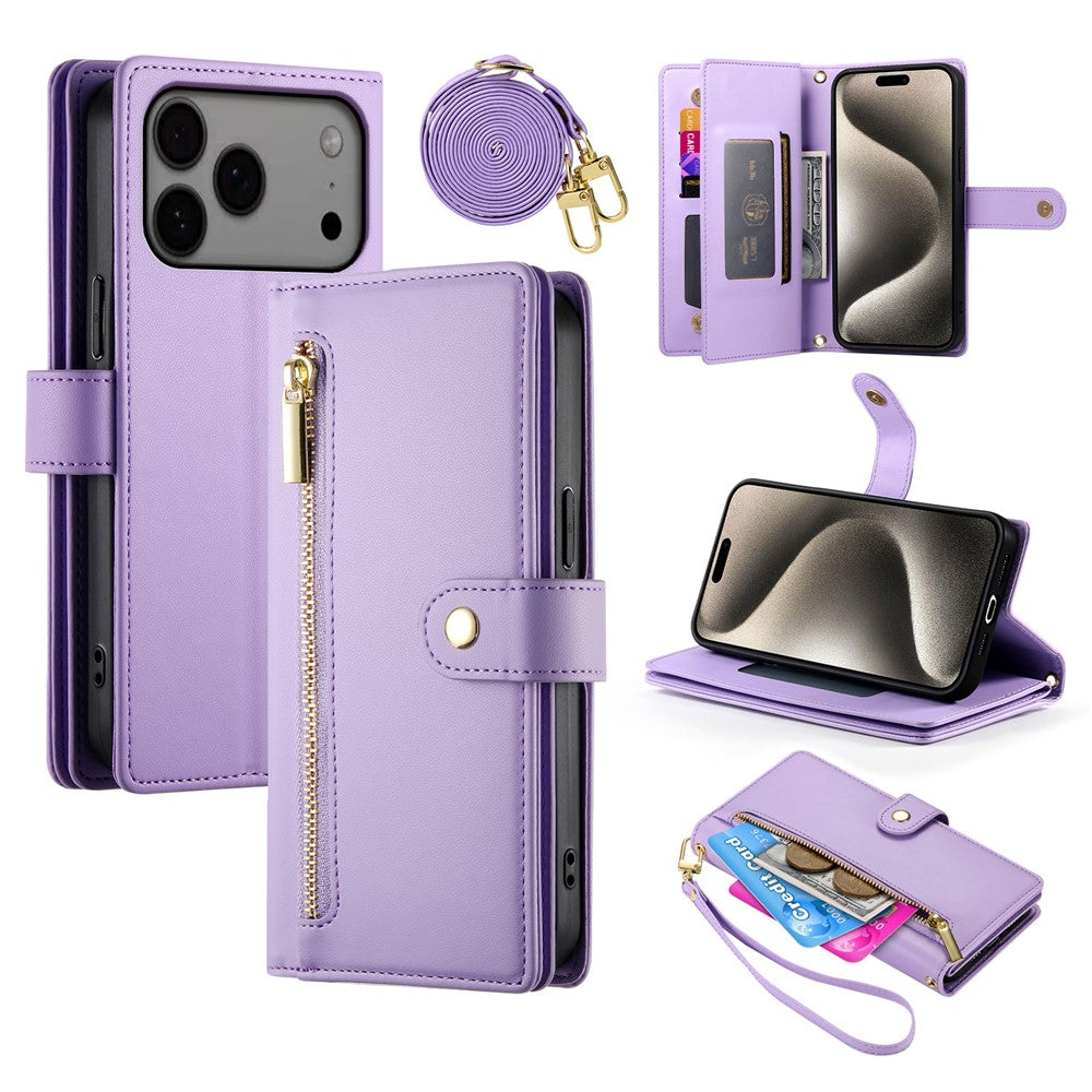 For iPhone 17 Pro Max Case Zipper Pocket Wallet Leather Phone Cover with Straps