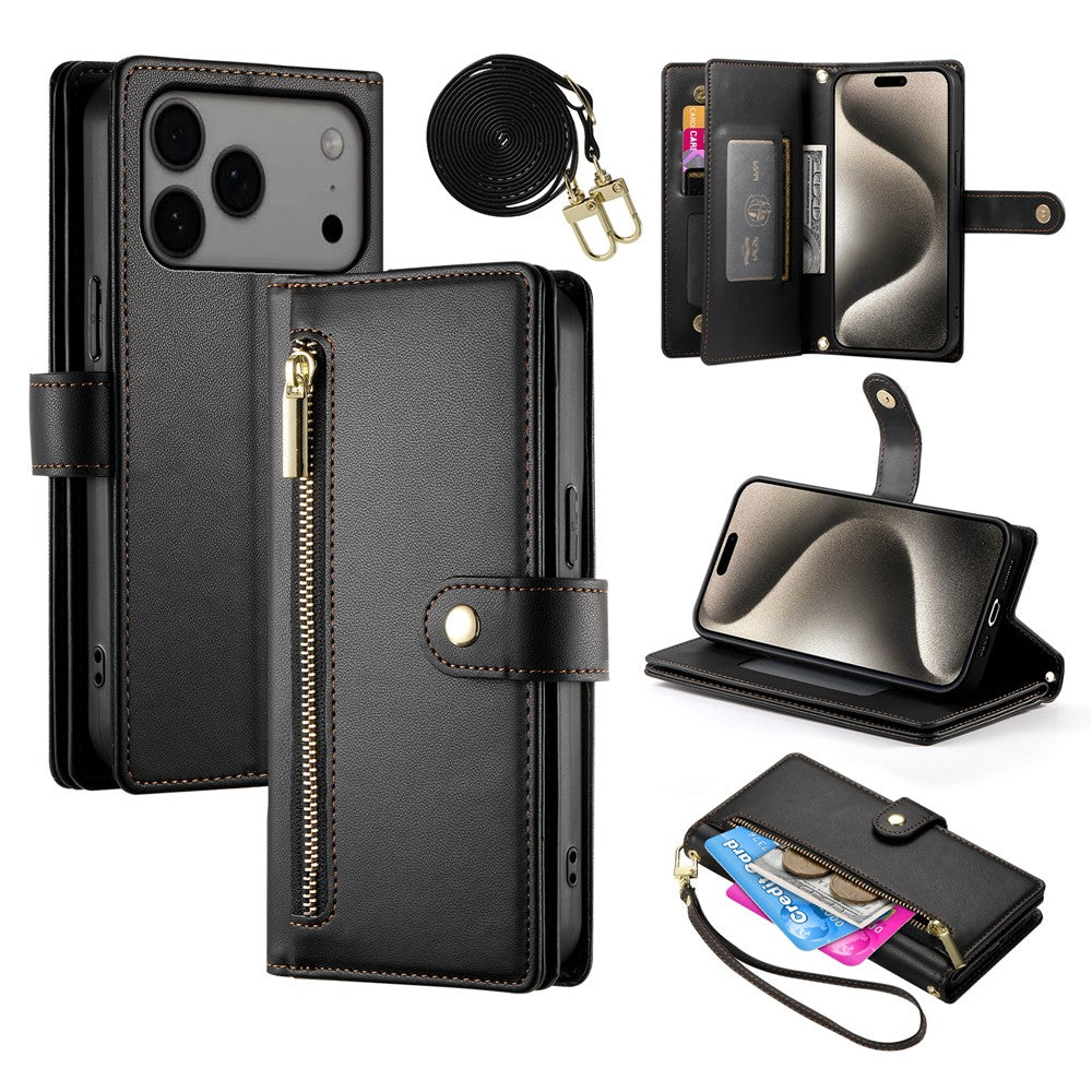 For iPhone 17 Pro Max Case Zipper Pocket Wallet Leather Phone Cover with Straps