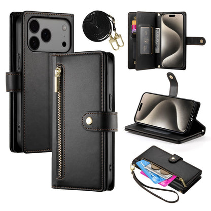 For iPhone 17 Pro Max Case Zipper Pocket Wallet Leather Phone Cover with Straps