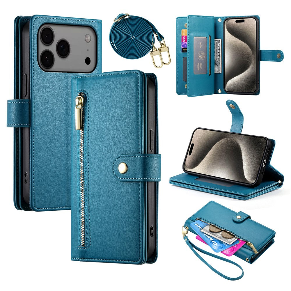 For iPhone 17 Pro Max Case Zipper Pocket Wallet Leather Phone Cover with Straps