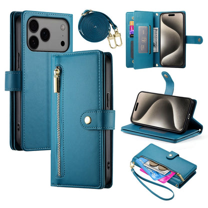 For iPhone 17 Pro Max Case Zipper Pocket Wallet Leather Phone Cover with Straps