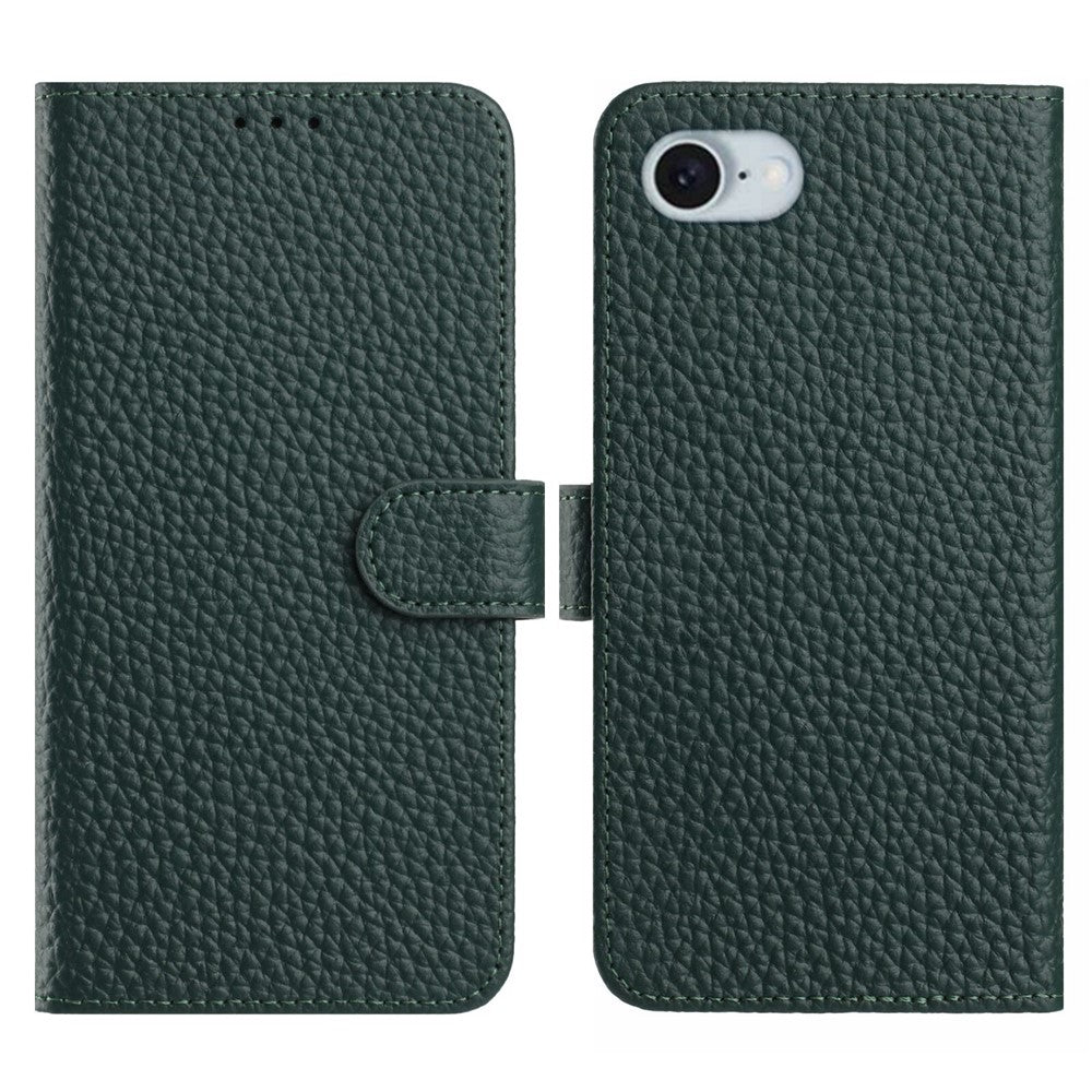 For iPhone 17e / 16e Case Wallet Stand Litchi Texture Genuine Cow Leather Flip Phone Cover