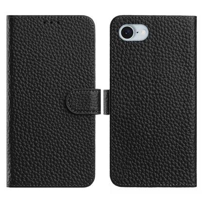 For iPhone 17e / 16e Case Wallet Stand Litchi Texture Genuine Cow Leather Flip Phone Cover