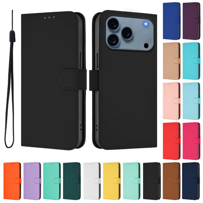 For iPhone 17 Pro Max Case Solid Color Wallet Leather Phone Cover with Strap