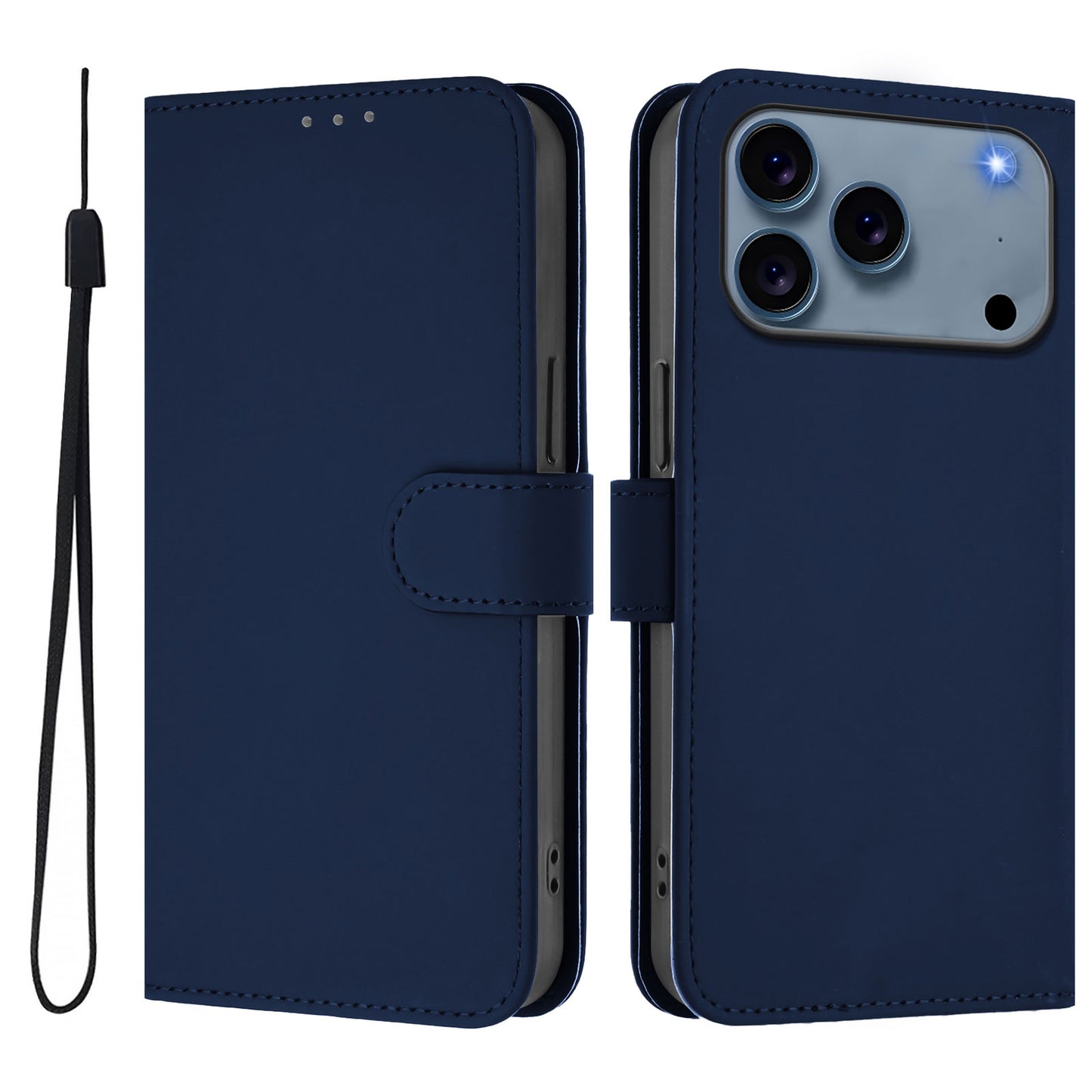 For iPhone 17 Pro Max Case Solid Color Wallet Leather Phone Cover with Strap