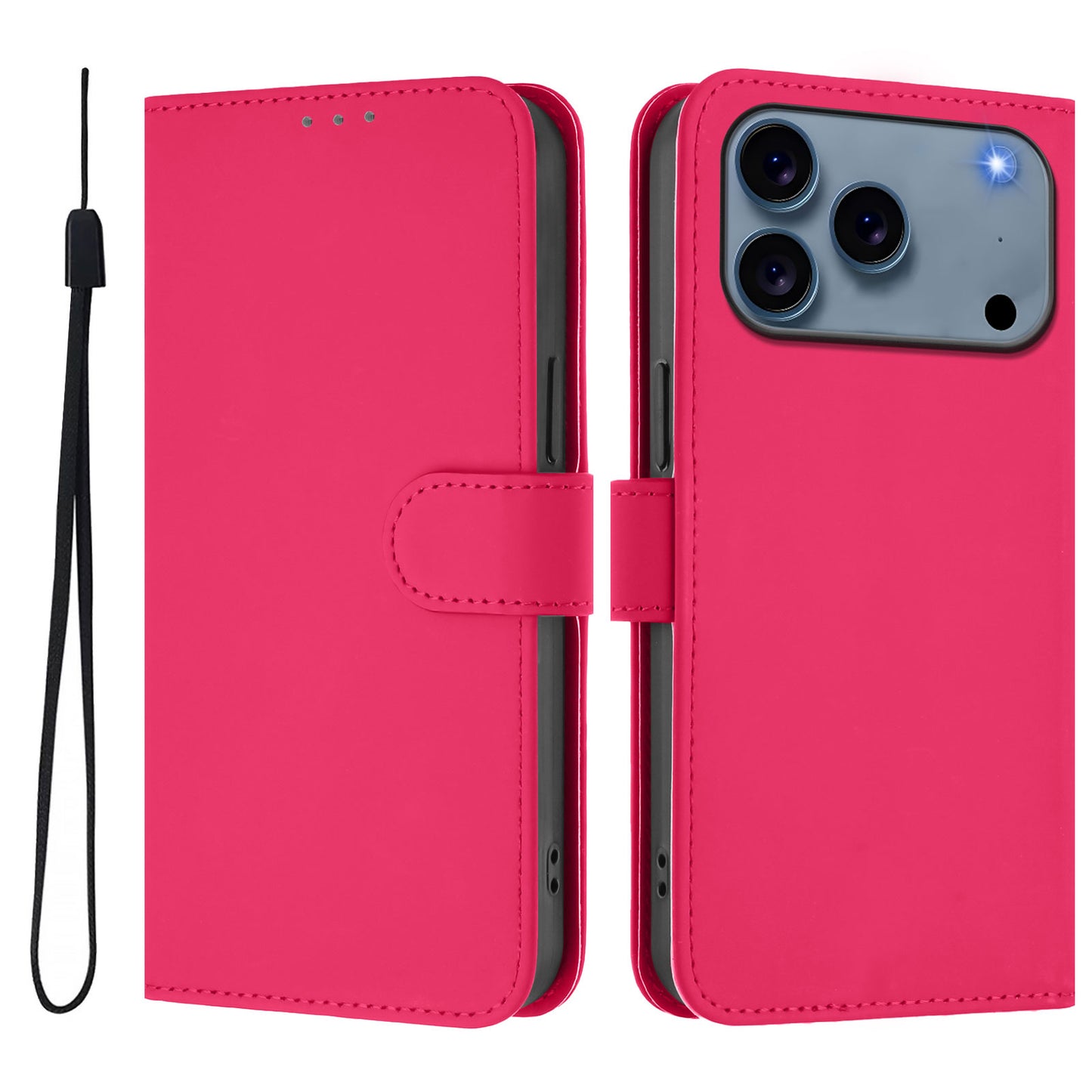 For iPhone 17 Pro Max Case Solid Color Wallet Leather Phone Cover with Strap