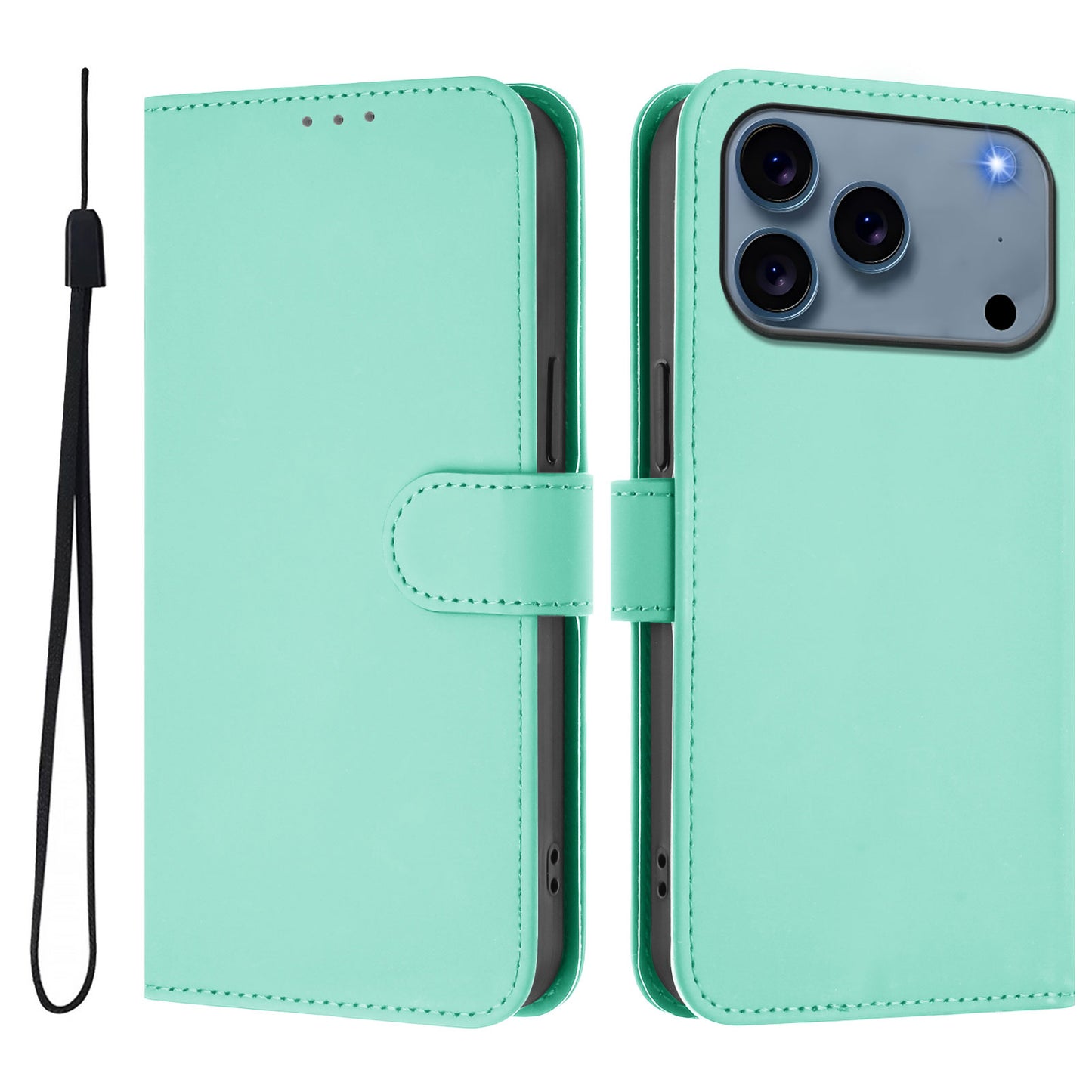 For iPhone 17 Pro Max Case Solid Color Wallet Leather Phone Cover with Strap