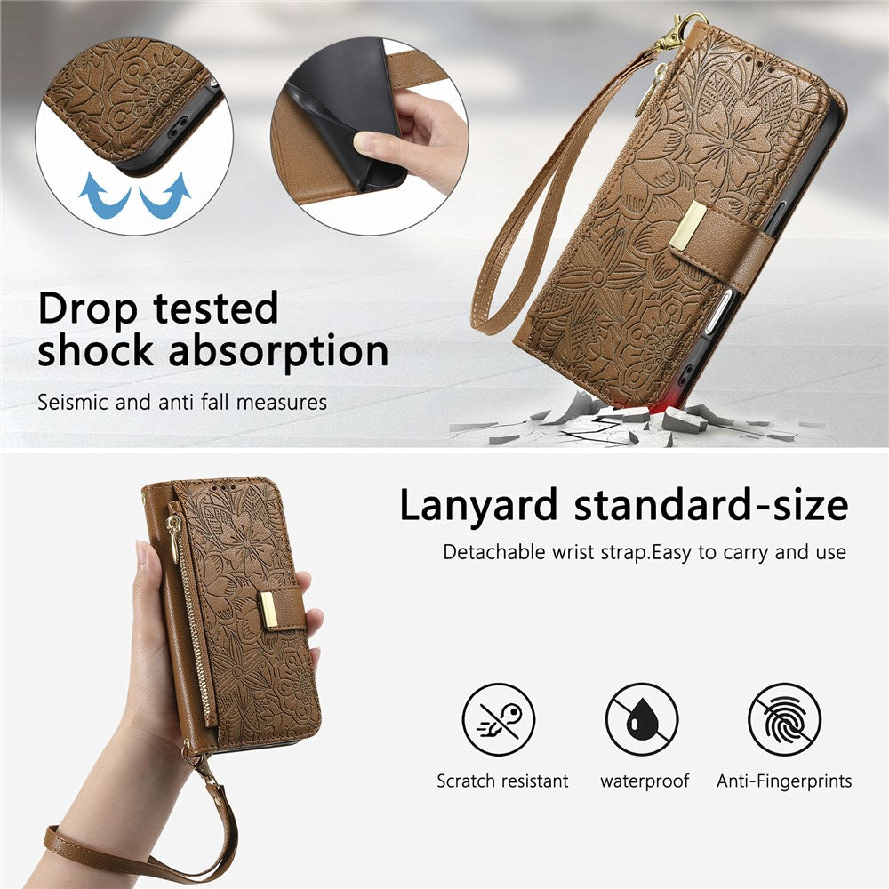 For iPhone 16 Case Floral Leaf Pattern Multi Card Slots Zipper Leather Phone Cover with Wrist Strap