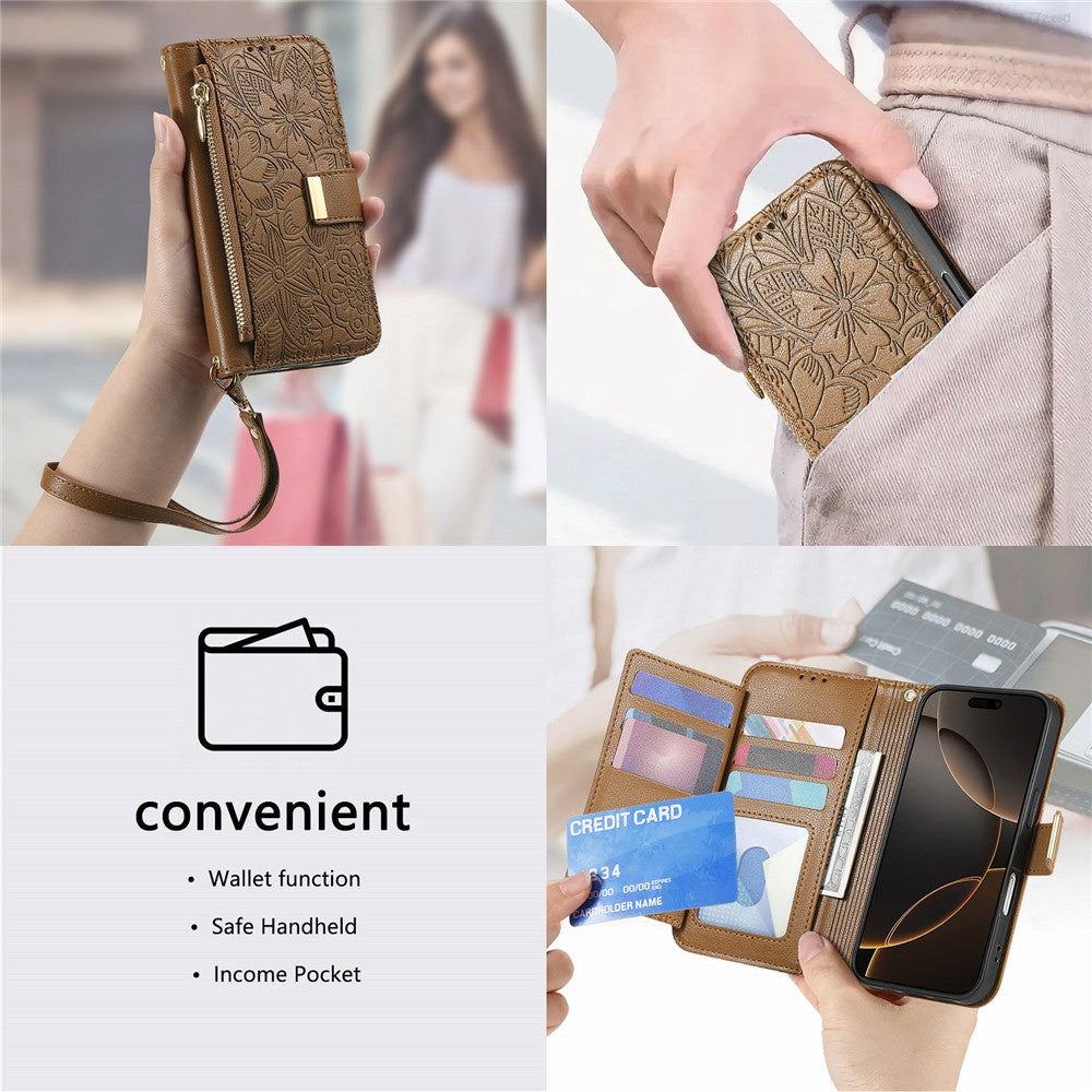 For iPhone 16 Case Floral Leaf Pattern Multi Card Slots Zipper Leather Phone Cover with Wrist Strap