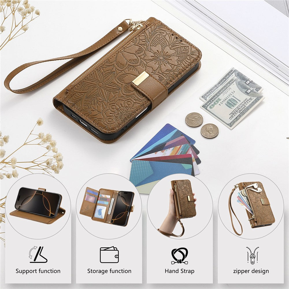 For iPhone 16 Case Floral Leaf Pattern Multi Card Slots Zipper Leather Phone Cover with Wrist Strap