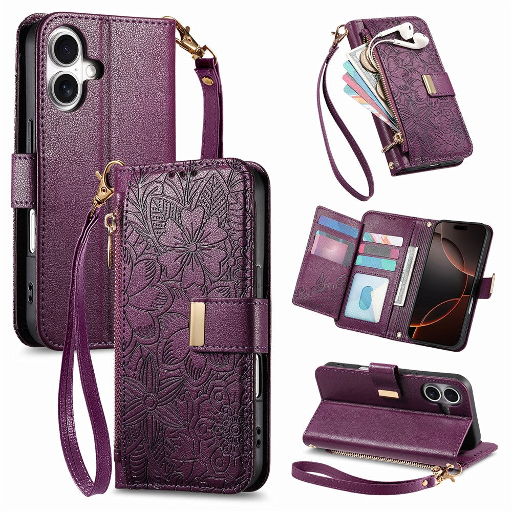 For iPhone 16 Case Floral Leaf Pattern Multi Card Slots Zipper Leather Phone Cover with Wrist Strap