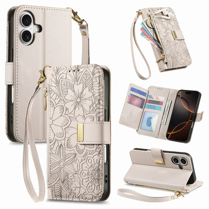 For iPhone 16 Case Floral Leaf Pattern Multi Card Slots Zipper Leather Phone Cover with Wrist Strap