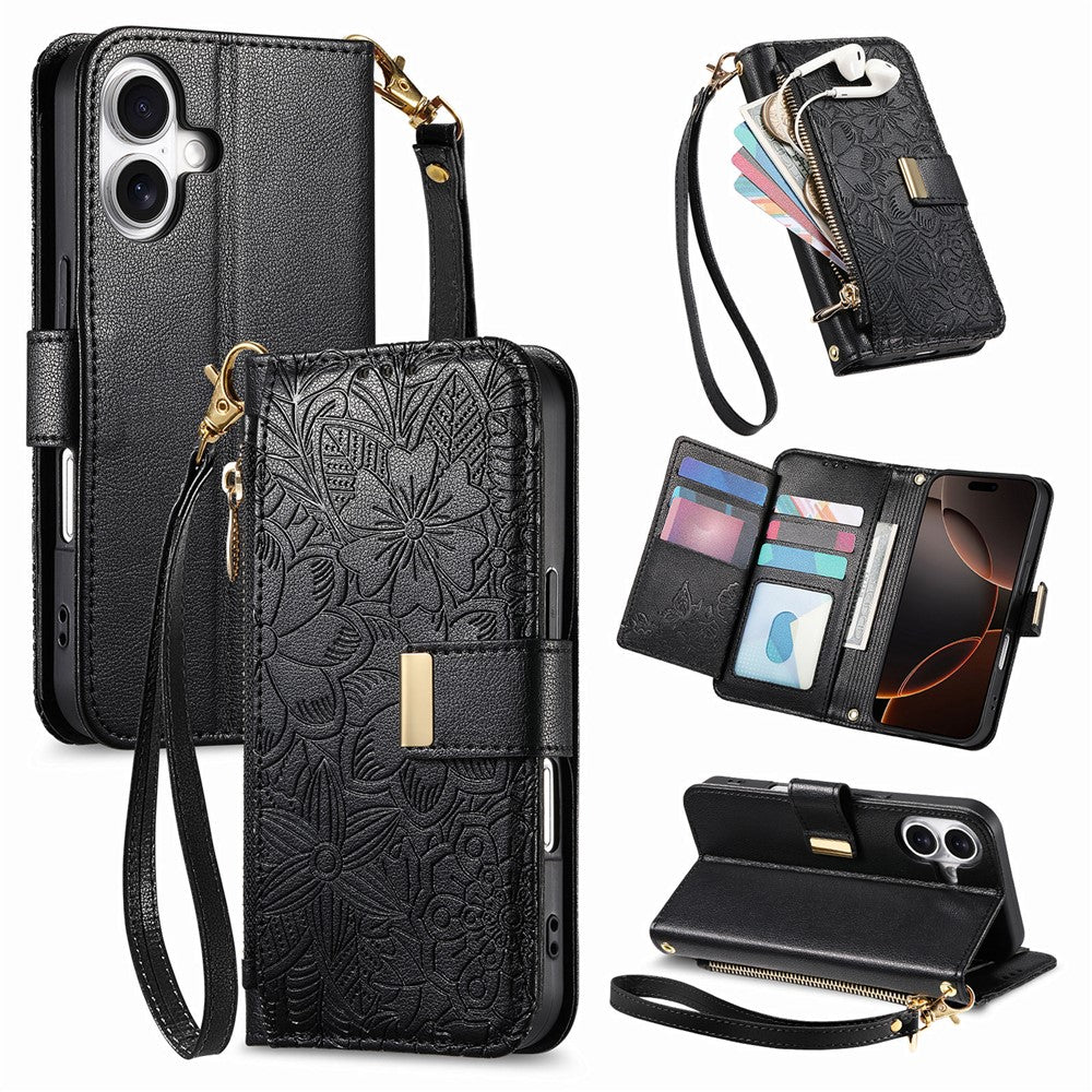 For iPhone 16 Case Floral Leaf Pattern Multi Card Slots Zipper Leather Phone Cover with Wrist Strap