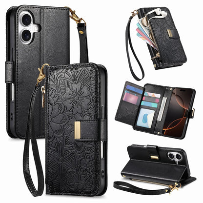 For iPhone 16 Case Floral Leaf Pattern Multi Card Slots Zipper Leather Phone Cover with Wrist Strap
