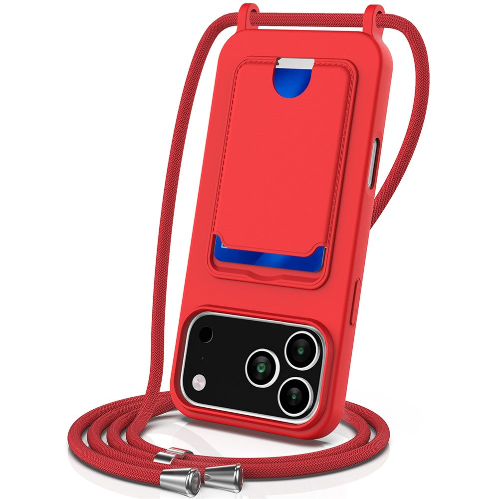 For iPhone 17 Pro Max Case Liquid Silicone Card Holder Back Phone Cover with Lanyard