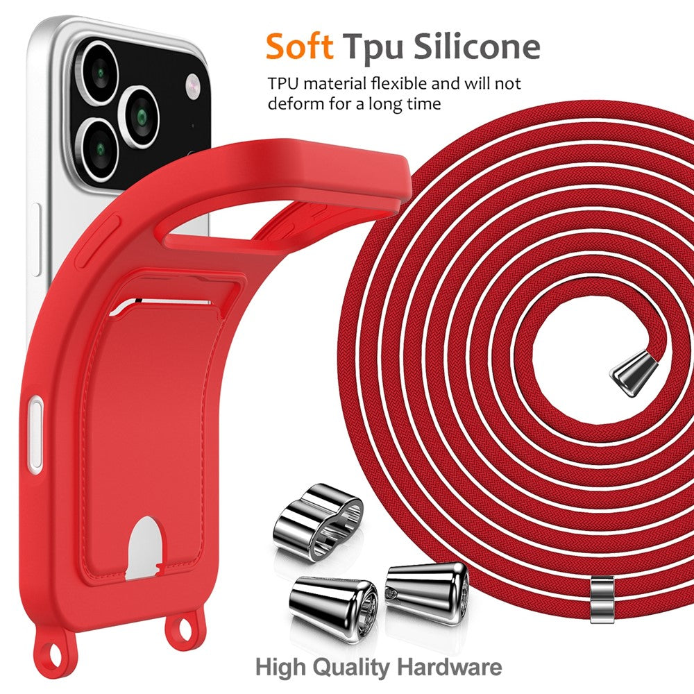 For iPhone 17 Pro Max Case Liquid Silicone Card Holder Back Phone Cover with Lanyard