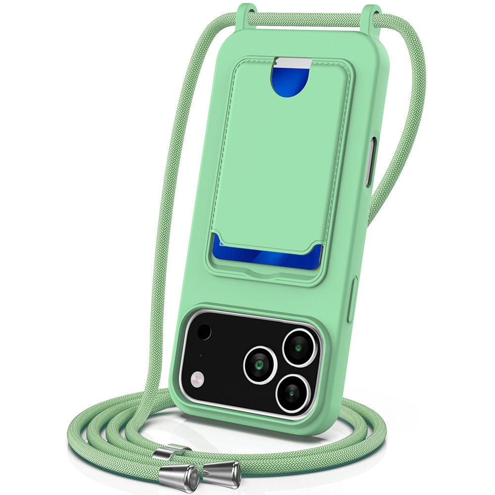 For iPhone 17 Pro Max Case Liquid Silicone Card Holder Back Phone Cover with Lanyard