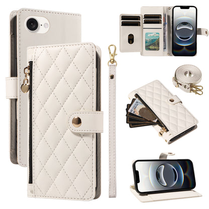 For iPhone 17e / 16e Wallet Case with Straps, Rhombus Leather Stand Phone Cover