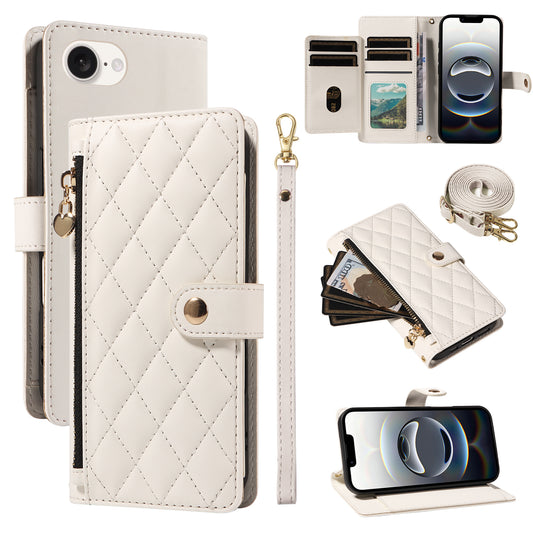 For iPhone 17e / 16e Wallet Case with Straps, Rhombus Leather Stand Phone Cover