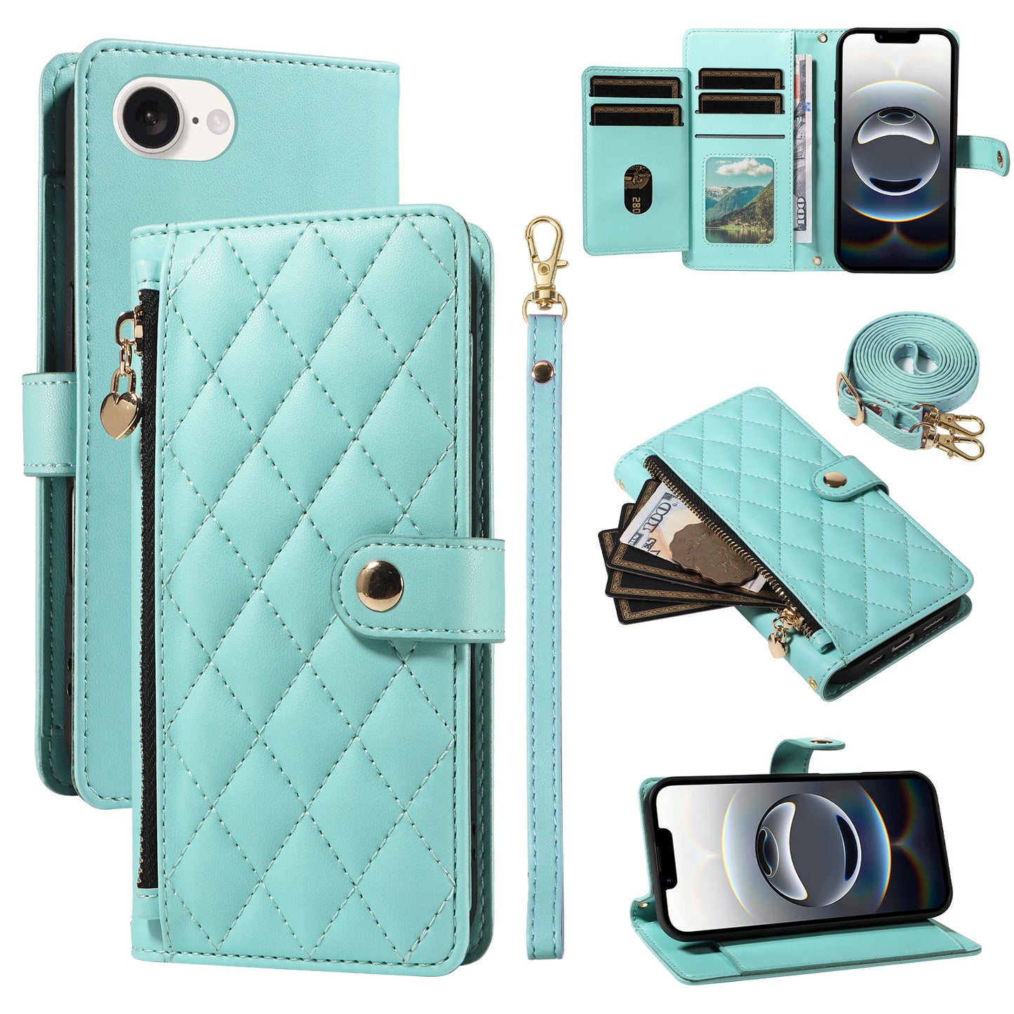 For iPhone 17e / 16e Wallet Case with Straps, Rhombus Leather Stand Phone Cover