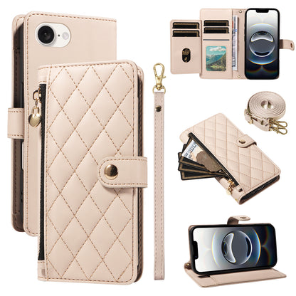 For iPhone 17e / 16e Wallet Case with Straps, Rhombus Leather Stand Phone Cover