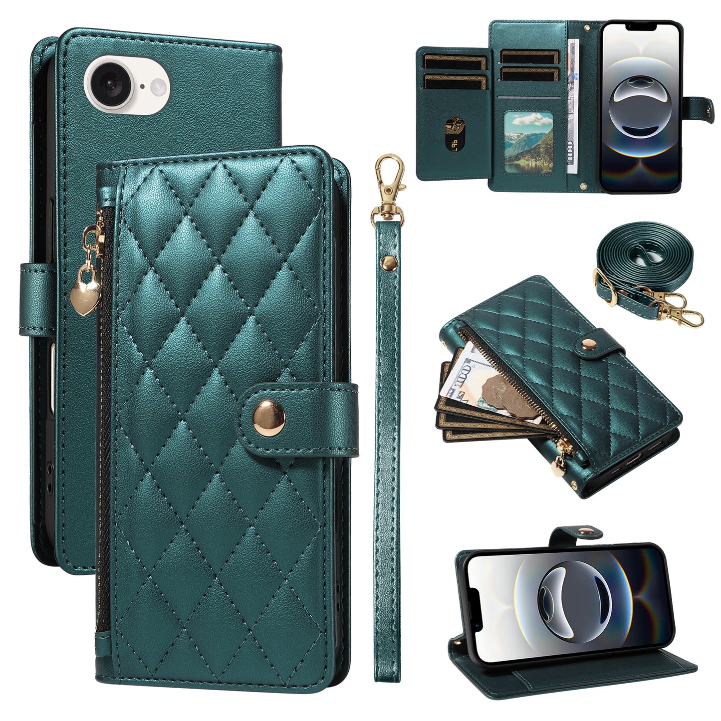 For iPhone 17e / 16e Wallet Case with Straps, Rhombus Leather Stand Phone Cover