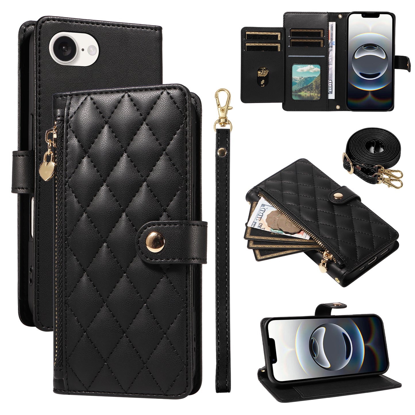 For iPhone 17e / 16e Wallet Case with Straps, Rhombus Leather Stand Phone Cover
